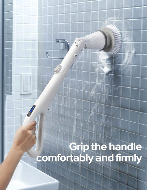 Cordless Spin Scrubber With LED Display And Detachable D Shape Handle cleaning bathroom tile wall with brush attachment
