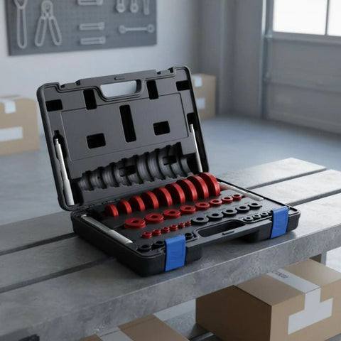 Premium 43 Piece Bearing Mounting Install Device Kit With Seal Drivers Pullers Crafted Durable 6061 Aluminum Alloy Build For Wheel Hub Service Tools No Fuss Option For Garage Bosses And Home Repair The Grind On Your Vehicle Today. open case with red and black seal drivers