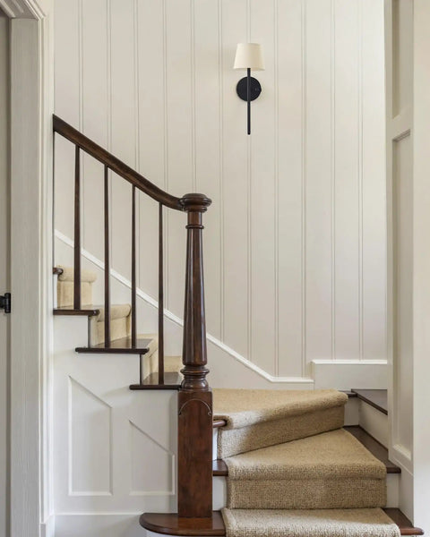 Rechargeable Battery Wall Sconces Set Of Two Black Cordless Lights For Modern Homes No Sweat Install on staircase wall.