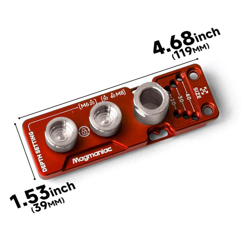 Heavy Duty All Metal Aluminum Profile Drill Guide Jig For Access Holes And Counterbore Drilling, Precision Machined With Smooth Chamfered Edges, Stainless Steel Construction, Tough As Nails, Includes Six Point Two By Ten Millimeter Drill Bits. red aluminum drill guide jig, 4.68in x 1.53in