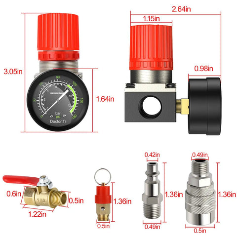 Air Compressor Pressure Switch With Four Way Valve Regulator, 0-180 PSI Adjustable, Safety Relief Valve, On Off Red Switch, Dimensions