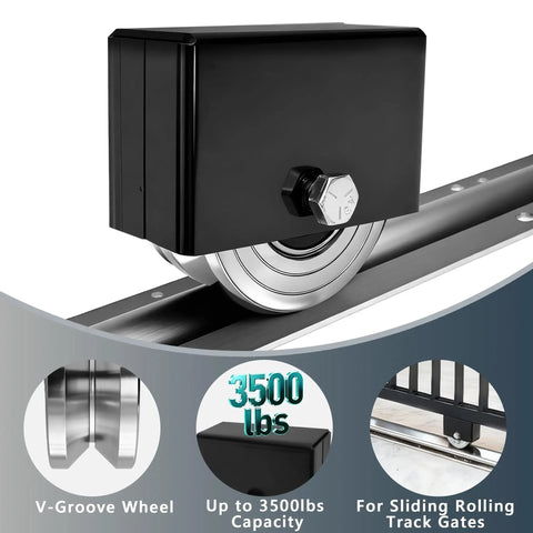 4 Inch V Groove Sliding Gate Roller Wheels 2 Pack Featuring Rugged Steel Construction with sealed bearing on a track.