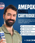 Man holding High Temperature Aluminum Radiator Repair Epoxy Kit For Metal And Automotive Fixes, 2oz packaging, USA made.