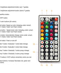 Image shows a 44-key remote control for 100 Feet LED Light Strips for Bedroom, detailing color change and mode buttons with descriptions.