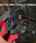 Grab This Sweet 400-Piece Ferrule Crimping Tool Kit With Ratchet Pliers For Professional Auto Electrical Wiring Jobs Using AWG23-7 Self Adjustable Dies And Connectors For Serious Home Garage Work. ferrule crimping pliers clamping a wire terminal