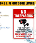 Straight Up Legal Deterrent Video Surveillance And No Trespassing Signs 4 Pack Aluminum Security Plates Weather Resistant red and white sign with camera illustration.