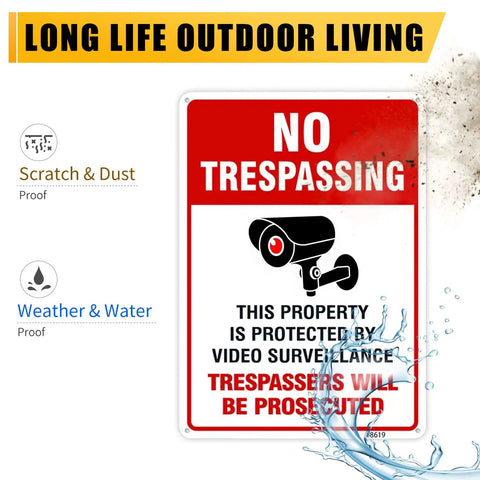 Straight Up Legal Deterrent Video Surveillance And No Trespassing Signs 4 Pack Aluminum Security Plates Weather Resistant red and white sign with camera illustration.