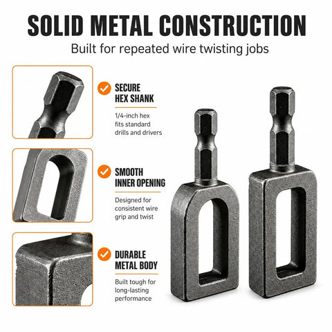 Heavy Duty Electric Drill Wire Twisting Tool With 1/4 Inch Hex Shank for fast fencing, showing secure hex shank and durable metal body.