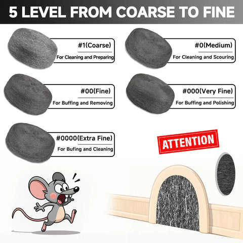 Diagram of 5 steel wool grades with mouse and wall illustration, Extra Fine Steel Wool Mice Control 65Ft 0000 Barrier Filler visible