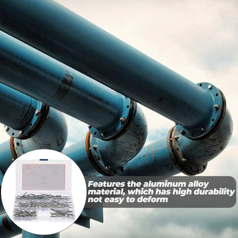 Image showing blue industrial pipes and a 140-piece All Purpose Aluminum Blind Rivet Kit with flange pop rivets.