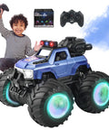 Child playing with 1 18 Scale RC Monster Truck For Kids With 4WD Drive Music Mist Spray And LED Lights Dope 360 Spin Stunts