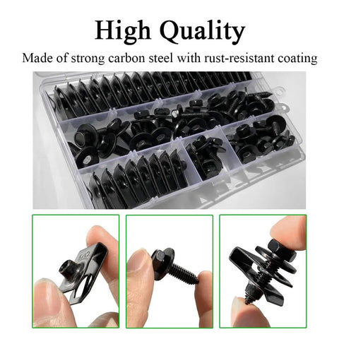 60 Pcs U Nut Clips And Hex Head Bolts Kit in box, close-up of carbon steel nuts, bolts with rust-resistant coating