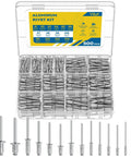 500 Piece Pop Rivets Assortment Kit With 14 SAE Aluminum Blind Rivets for metal work, DIY, automotive and home repair, organized in a case.