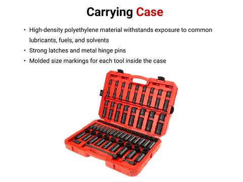 87-Piece Half Inch Drive Shallow And Deep 6-Point Impact Socket Set With Case For SAE And Metric Sizes showcasing red carrying case