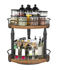 Smooth Spin Two Tier Lazy Susan Spice Rack Organizer With Adjustable Height For Kitchen Counter And Cabinet Storage Rustic Brown Finish with jars and bottles.