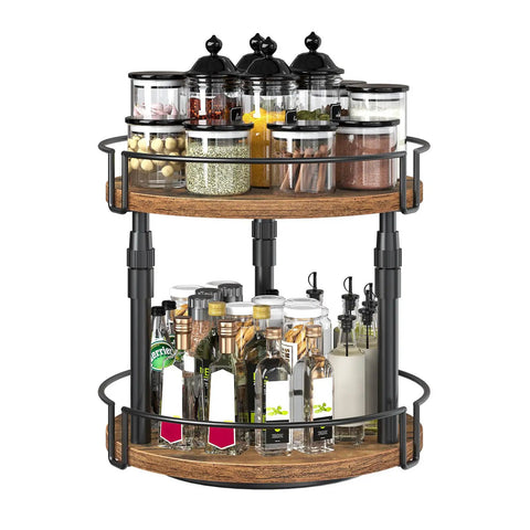 Smooth Spin Two Tier Lazy Susan Spice Rack Organizer With Adjustable Height For Kitchen Counter And Cabinet Storage Rustic Brown Finish with jars and bottles.