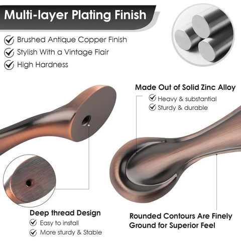 Close-up of 5 Inch Brushed Antique Copper Cabinet Pulls highlighting detail and material for kitchen cabinets and dressers hardware.