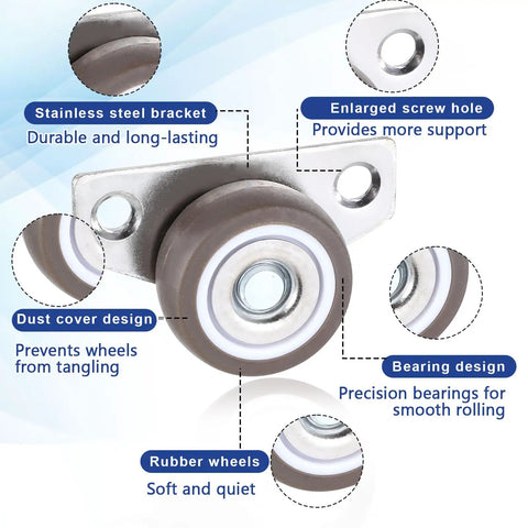 Four 1.25 Inch Small Low Profile Caster Wheels With Steel Top Plate featuring rubber wheels and stainless steel bracket for DIY projects.