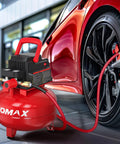 Portable Pancake Air Compressor With A Roomy Three Gallon Oil Free Tank And Heavy Duty 110 Psi Rating Shows Up Fully Loaded With An 11 Piece Accessory Kit For Quick Workshop Setups And Weekend Power Tool Hookups beside a car tire.