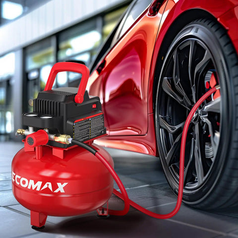 Portable Pancake Air Compressor With A Roomy Three Gallon Oil Free Tank And Heavy Duty 110 Psi Rating Shows Up Fully Loaded With An 11 Piece Accessory Kit For Quick Workshop Setups And Weekend Power Tool Hookups beside a car tire.