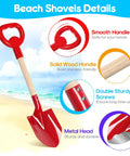 Detailed view of Three Piece Metal Beach Shovel Set for Kids showing the smooth handle, solid wood handle, sturdy screws, and metal head.