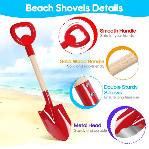 Detailed view of Three Piece Metal Beach Shovel Set for Kids showing the smooth handle, solid wood handle, sturdy screws, and metal head.