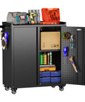 Metal Garage Storage Cabinet With Wheels Pegboard Lockable Doors Four Adjustable Shelves 71 Inch Tall Steel Cabinet black
