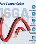 Red and black pure copper 16GA cable with text on electrical benefits for Heavy Duty 3 Pin CB Radio Power Cable With 16 AWG Wire And 15 Amp Fuse