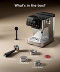 Kickstart Your Grind With This Game Changing Two In One Espresso And Drip Coffee Maker Featuring A Built In Milk Frother And Smart Touchscreen For Flawless Coffee Shop Sips, showing accessories including portafilter, baskets and cleaning pin.