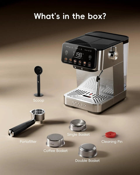 Kickstart Your Grind With This Game Changing Two In One Espresso And Drip Coffee Maker Featuring A Built In Milk Frother And Smart Touchscreen For Flawless Coffee Shop Sips, showing accessories including portafilter, baskets and cleaning pin.