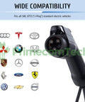 Beefy Level 2 EV Charger With Adjustable Amperage From 10A To 32A compatibility with various car brands shown.