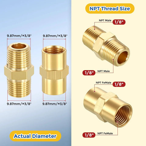 12 Pack Brass Pipe Fittings Set With 6 Pieces 1/8 NPT Male To 1/8 NPT Male Hex Nipples And 6 Pieces 1/8 FNPT To 1/8 FNPT Brass Couplings