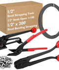 Pro Grade 1/2 Inch Steel Strapping Kit 200 Feet Roll With 1100 Lb Break Strength Tensioner Crimper Cutter And 100 Metal Seals, tools and seal box.