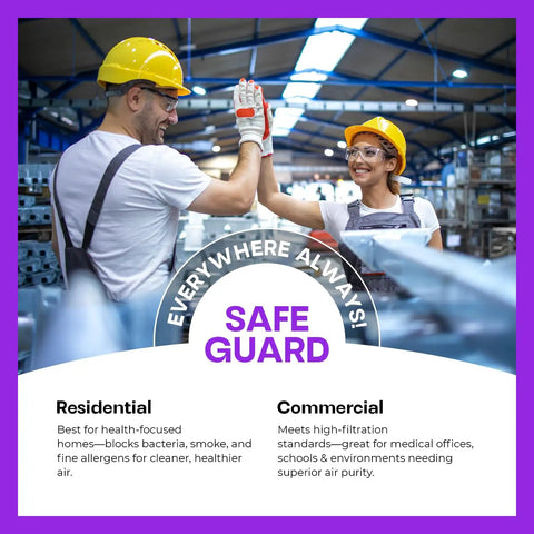 Two workers in a factory high-fiving, promoting safe air quality for residential and commercial environments
