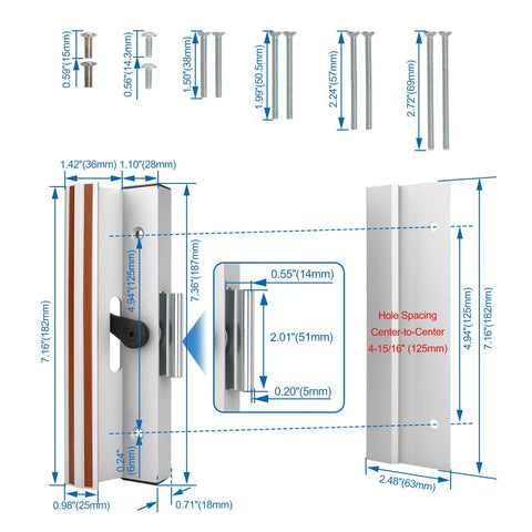 Diagram of Clamp Style Aluminum Sliding Patio Door Handle Set With White Woodgrain Finish 4 15/16 Inch Center To Center Hole Spacing Replacement For Sliding Glass Doors Easy Install Durable Surface Mount Hardware, showing dimensions and components.
