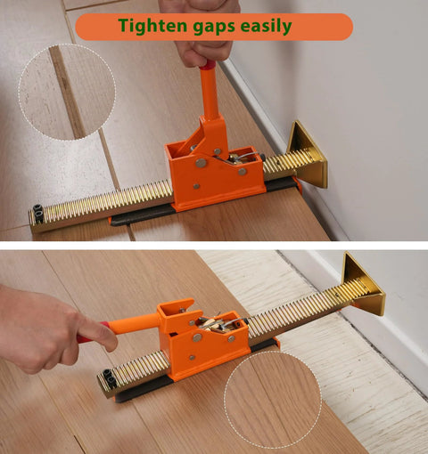 Orange hardwood flooring jack installation tool with long ratcheting screw bar for tongue-and-groove planks