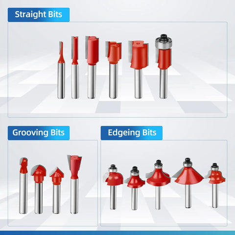 15 Piece One Quarter Inch Shank Router Bits Set with Pro Grade Tungsten Carbide Double Flute Cutters in straight, grooving, edging