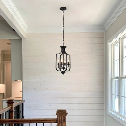 10.63 Inch Black Farmhouse Chandelier With Four Lights Modern Industrial Lantern Pendant Light Fixture in a hallway setting