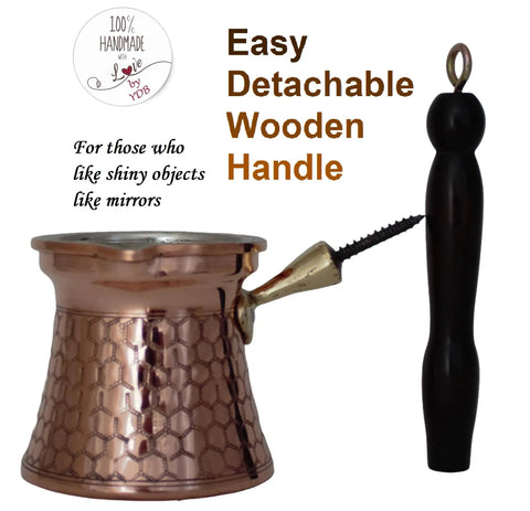Your Go To Hammered Antique Copper Cezve With Wood Handle For Turkish Coffee, 9.5 Fl Oz with hand-carved honeycomb body