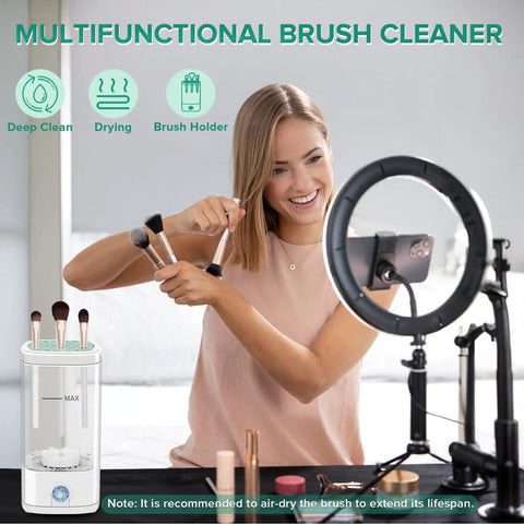 Woman using Automatic Makeup Brush Cleaner Machine With Dryer Holder Portable Multi Function Cosmetic Brush Cleaning Tool Type C Charging No Fuss Cleaning For Everyday Glam No Bristle Damage Works With Most Brushes.
