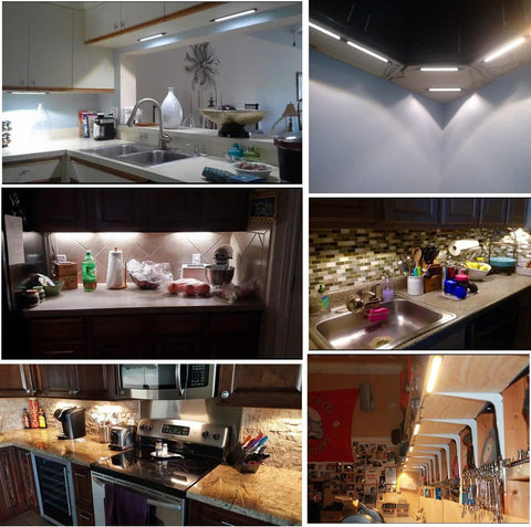 LED Under Cabinet Lighting Kit With Dimmable Strip Lights Plug In For Kitchen Cabinets Countertops Closets And Bedroom 24W 8 Bar Kit 6000K Cool White In Line Dimmer Switch Easy Mounting installed in various kitchens and closets.
