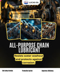 Heavy Duty Chain Lube 6 Pack 11 Oz Cans Fast Drying Zero Mess Formula For Motorcycle And Atv O Ring Roller Chains Gears Drive Systems Runs Like Butter Rust Busting Built Tough For Real Dirt Roads close-up of chain links with lubrication.