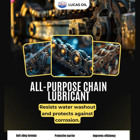 Heavy Duty Chain Lube 6 Pack 11 Oz Cans Fast Drying Zero Mess Formula For Motorcycle And Atv O Ring Roller Chains Gears Drive Systems Runs Like Butter Rust Busting Built Tough For Real Dirt Roads close-up of chain links with lubrication.