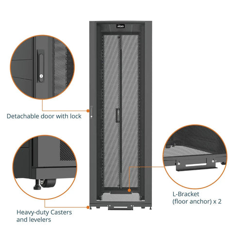 Rock Solid 52U Server Rack Cabinet Pre Assembled Network Setup Ready To Roll With Free Swivel Casters And No Sweat Assembly Heavy Duty Gear Hogging 3000 Lb Capacity Bright White Enclosure with detachable lockable door.