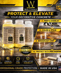 Ultra Tough Polyaspartic Concrete Coating With Bulletproof Abrasion And Chemical Resistance Delivers High Gloss Sealer Protection Zero VOC Formula For Fast Cure And Epic Garage Floors 3 Quart Kit bottles with instructions and decorative concrete examples.