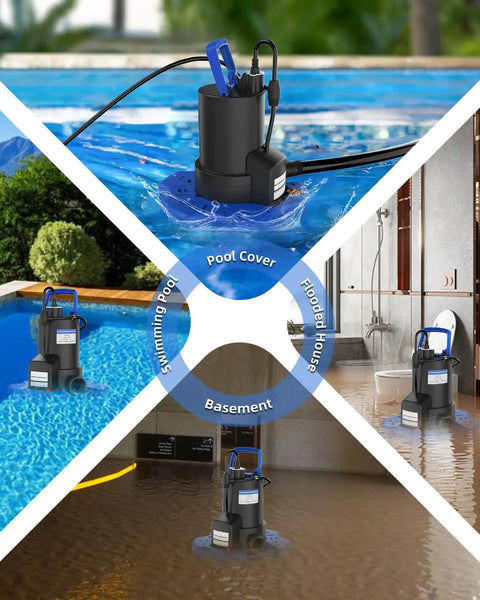 Heavy Duty 1HP Automatic Pool Cover Pump Delivers 3500 GPH in a flooded basement and swimming pool setting.