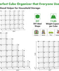 Dimensions and capacities of the 20 Cube Storage Organizer Shelves Unit DIY Plastic Modular Bookcase in Transparent White.