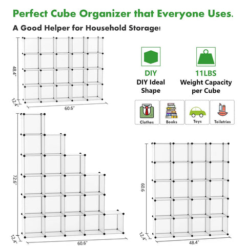 Dimensions and capacities of the 20 Cube Storage Organizer Shelves Unit DIY Plastic Modular Bookcase in Transparent White.