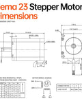 YEJMKJ NEMA 23 stepper motor dimensions diagram showing side and front views with mounting holes and wiring