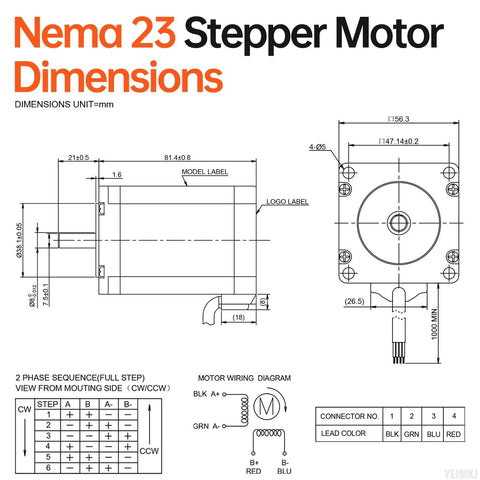 YEJMKJ NEMA 23 stepper motor dimensions diagram showing side and front views with mounting holes and wiring